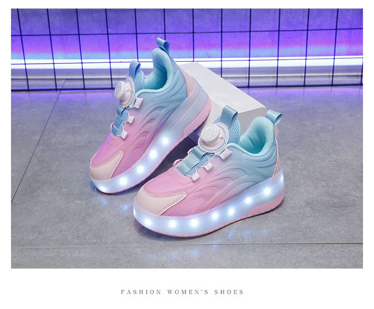 Children's Shoes Boys Double Wheels With Retractable Flashing Lights Girls Roller Skates Rotating Buckle Student Sports Skates_voghion.com