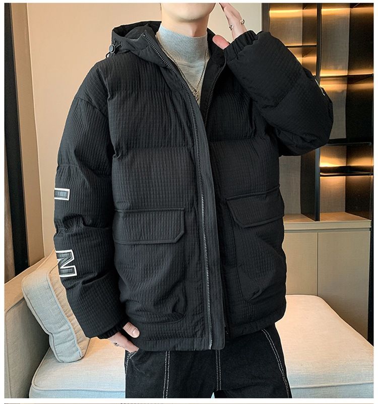 Chaqueta acolchada de estilo urbano para hombre: relleno de poliéster grueso, cuello alto, corte entallado (M-5XL, negro/caqui)_voghion.com