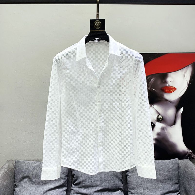 Camicia a scacchiera traforata da uomo, versione coreana, in mesh traspirante, con fodera alla moda, vestibilità slim._voghion.com