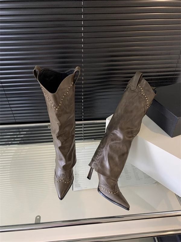 Women's Shoes Retro Rivet High Leg Boots, Short Boots, French Women's Boots, Versatile Western Cowboy Boots, Long Boots, Knight Boots_voghion.com