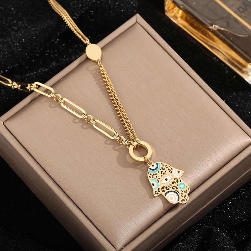 Collezione Mystic Eye - Set di gioielli con ciondolo a forma di palma dipinta in stile europeo e americano, in acciaio al titanio_voghion.com