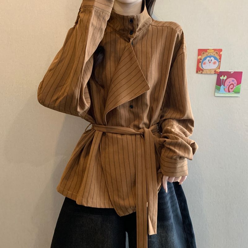Irregular Long Sleeve Striped Turtleneck Shirt For Women, Autumn And Winter, Plus Size, Designed To Slim_voghion.com