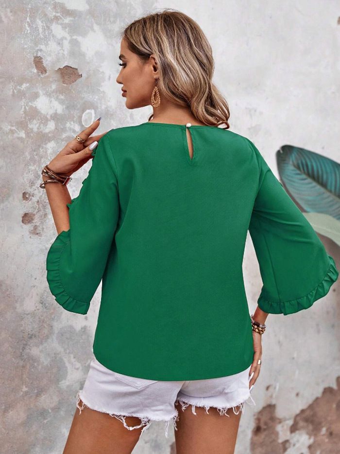 Damenbekleidung Neues reines Farbtemperament Vielseitiges Chiffonhemd Damenmode Unregelmäßiges Oberteil mit Dreiviertelärmeln_voghion.com