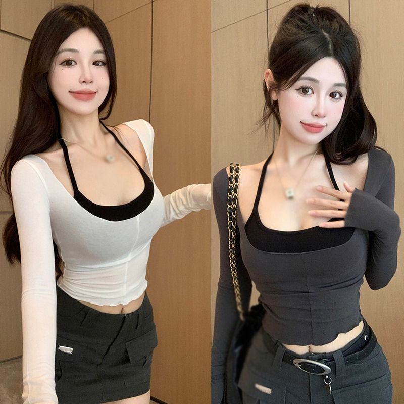 Hot selling Tweedelige set Y2k Slim T-shirt met lange mouwen voor dames, korte haltertop, all-match patchwork, vrouwelijke mode, strakke cr_voghion.com