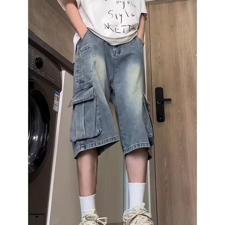 Vintage Washed Cargo Denim Shorts For Men, Summer New Loose Fit With Side Pockets And Large Pocket Design, Casual_voghion.com