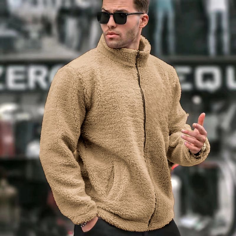 Giacca casual da uomo con collo alto, cerniera e fodera in pile - Capispalla invernale caldo, vestibilità slim, a maniche lunghe, per uno stile urbano_voghion.com