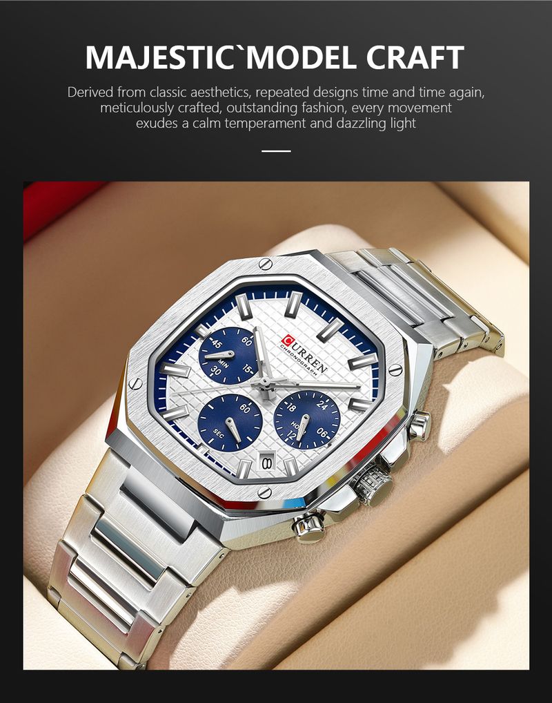 CURREN Orologio cronografo da uomo in acciaio inossidabile con quadrante quadrato e data, design di ispirazione vintage, al quarzo_voghion.com