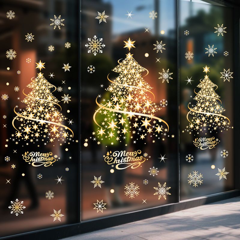 Statische Weihnachtsbaum-Fensteraufkleber – 2er-Set wiederverwendbare Weihnachtsaufkleber (35 x 50 cm) für Glastüren, Heim- und Bürodekoration (Gold/Silber)_voghion.com