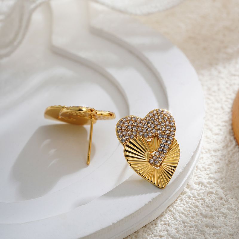 Set di gioielli da donna, orecchini a forma di cuore con micro zirconi intarsiati in oro, orecchini a filo d'amore, temperamento alla moda_voghion.com