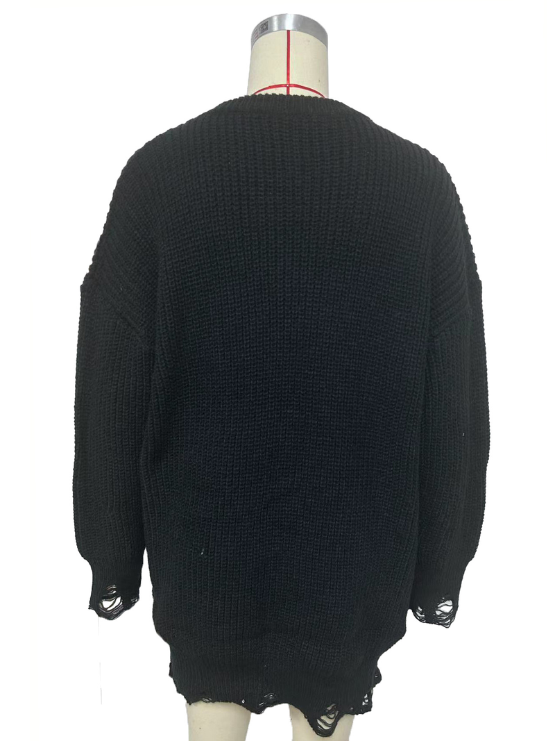 Pull tricoté à manches longues et col rond pour femme, ample et déchiré, mi-long, nouvelle collection_voghion.com