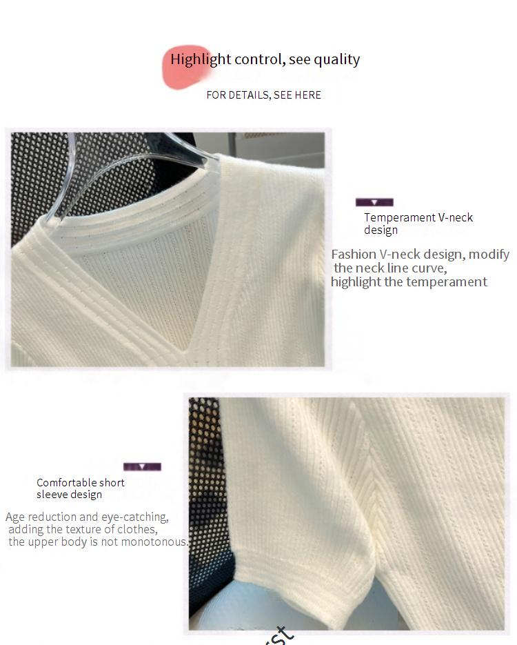 Dameskleding V-hals ijszijde korte mouwen gebreide trui taille slim fit chique top_voghion.com