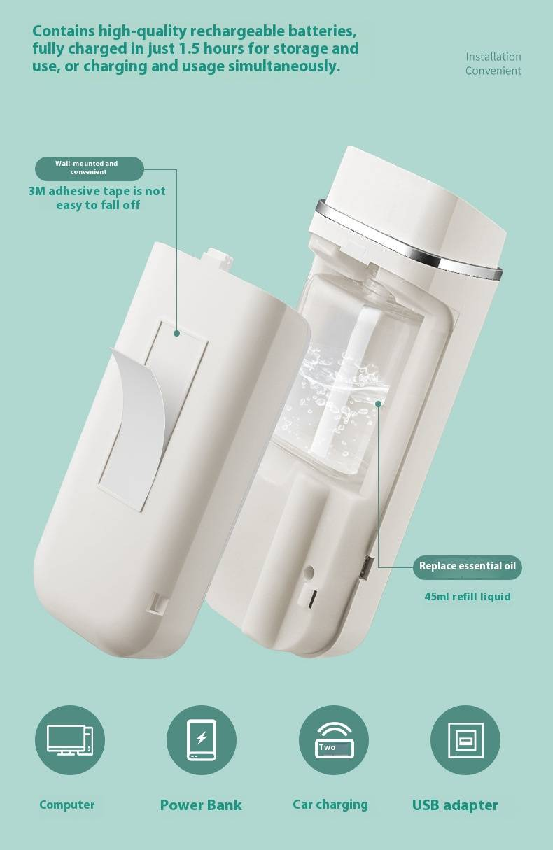 Automatic Aroma Diffuser With Essential Oil, USB Rechargeable, 45ml Capacity, 2-8H Timer, Quiet Operation (<36dB), For Home, Office, Car, Hotel_voghion.com