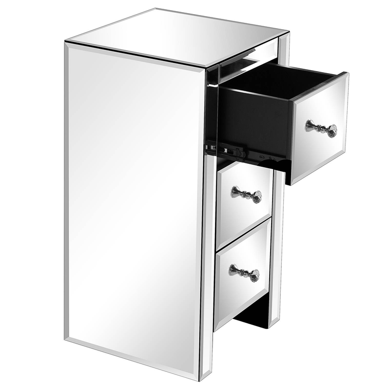 Table de chevet en verre miroir avec 3 tiroirs à boutons en cristal – Table de chevet argentée moderne pour une décoration de chambre glamour (taille S)_voghion.com