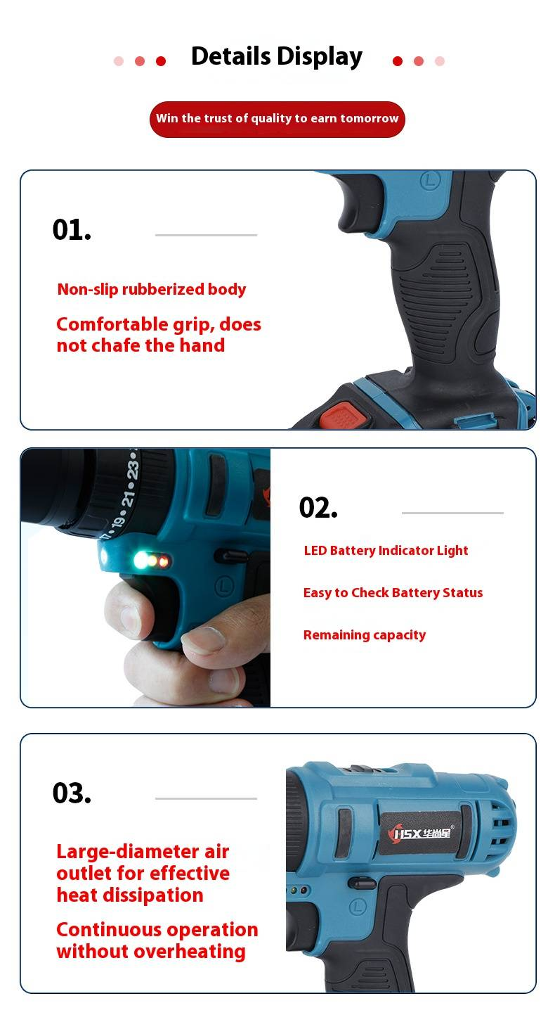High Power Cordless Lithium-Ion Brush Drill - Multi-Function Electric Screwdriver For Home, DIY, Metal, Wood, Concrete & Auto Repair_voghion.com