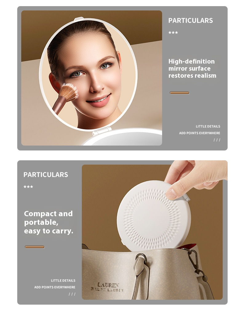 Premium-Geschenkspiegel – Klappbarer Kosmetikspiegel mit individuellem Logo und 3-farbigem LED-Licht (tragbar, über USB wiederaufladbar, ABS-Rahmen, 80 mm Durchmesser)_voghion.com