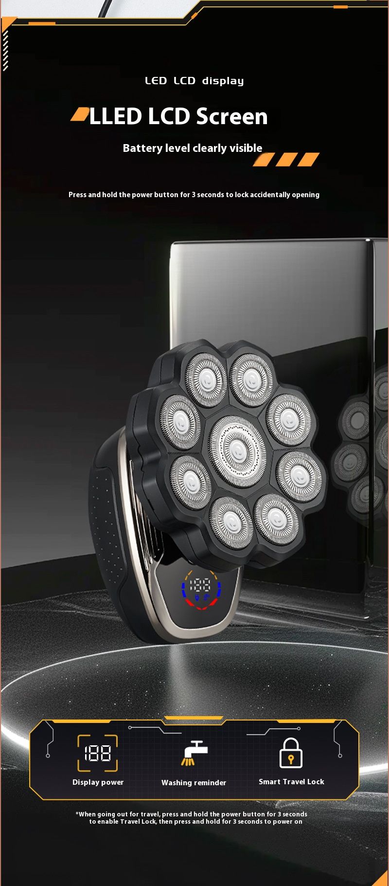 Elektrorasierer mit 9D-Magnetrasiersystem, schwimmenden Rasierköpfen, wasserfestem Duschgel, LED-Display und USB-Ladefunktion für Männer – RQ-Serie_voghion.com