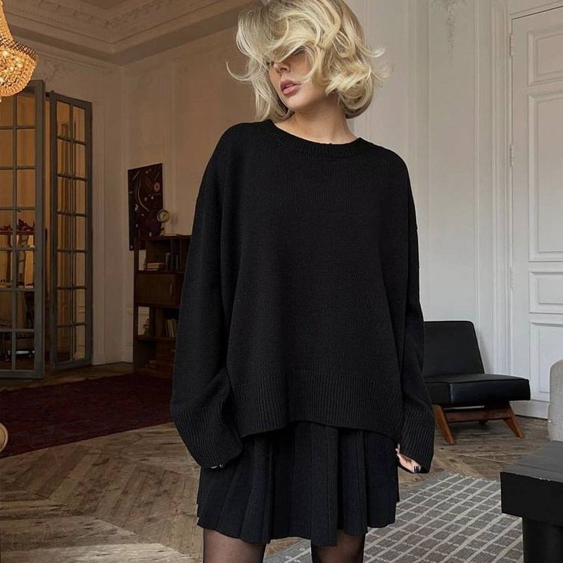 Women's Solid Color Round Neck Sweater With Pleated Skirt Set - Soft Knit Cozy Outfit For Fall Winter Casual Wear_voghion.com