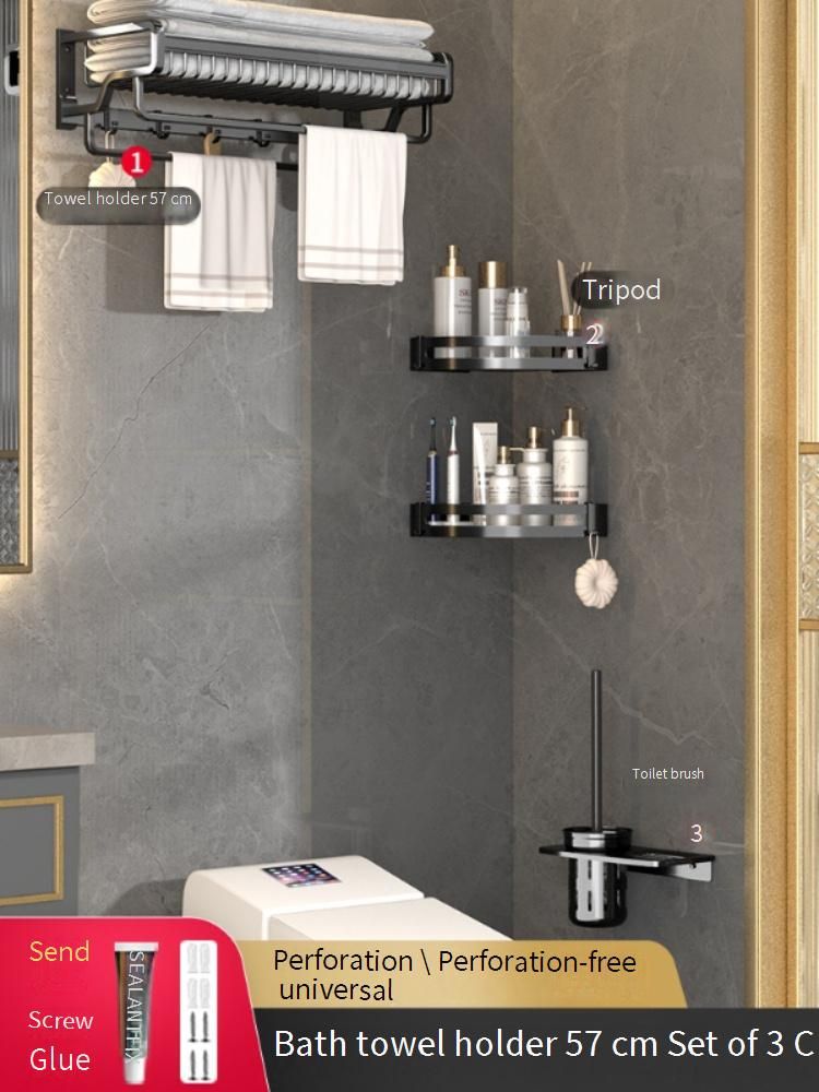 Badezimmer-Handtuchhalter aus Aluminium ohne Bohren mit Wandregalen, Dusch-Organizer für Badezimmer und Toilette_voghion.com
