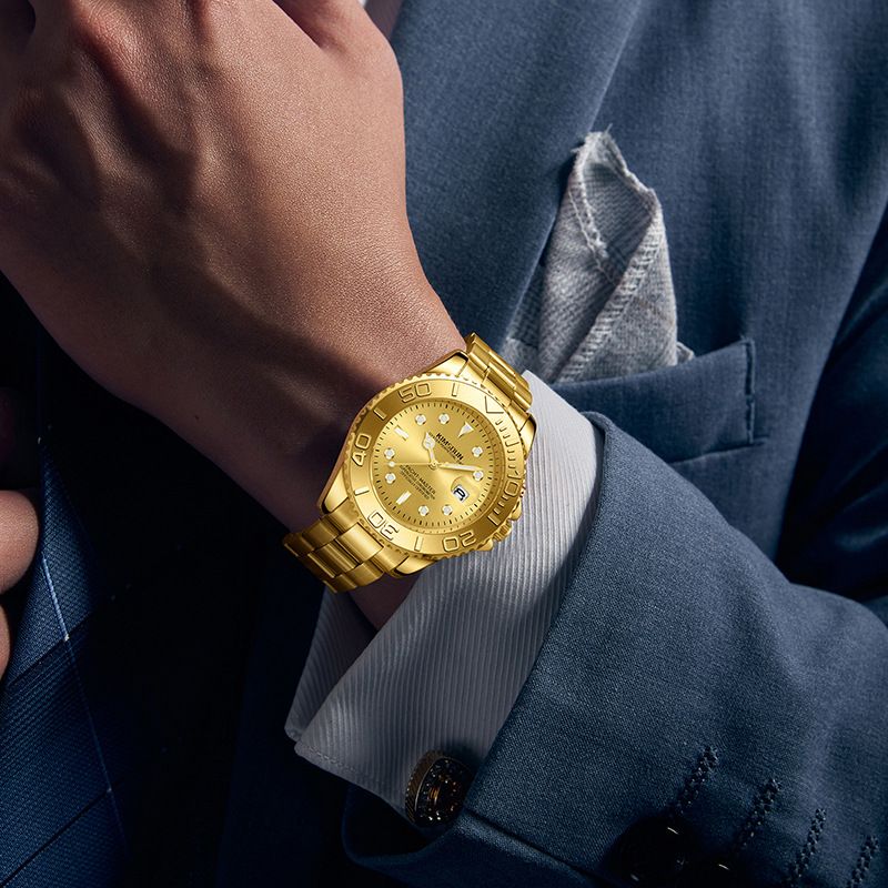 KIMSDUN Gold Yacht Men's Watch Steel Band Calendar Hollow Bottom Quartz Watch Mechanical Men's Gold Watch_voghion.com