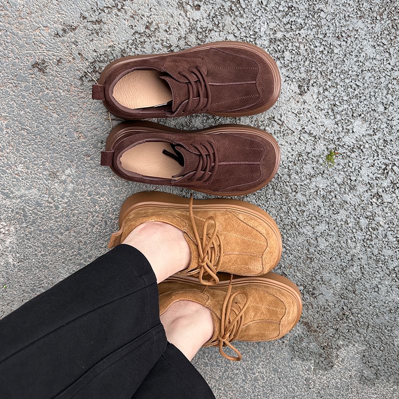 Herbst und Winter Neue Retro-Freizeitschuhe mit dicker Sohle für Damen, Schnürschuhe aus braunem Wildleder, Dekoration mit einfachem Struktur-Nähmuster_voghion.com
