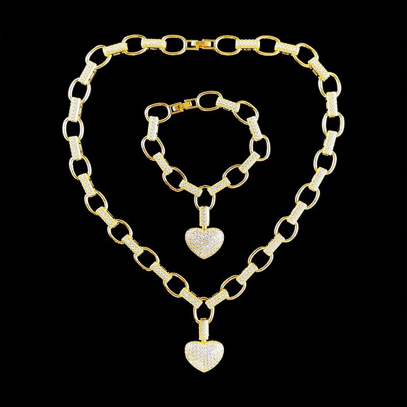 Women's Jewelry Set - Gold Heart Necklace And Bracelet With AAA Zircon Stones, Elegant Box Chain Design For Everyday Wear_voghion.com