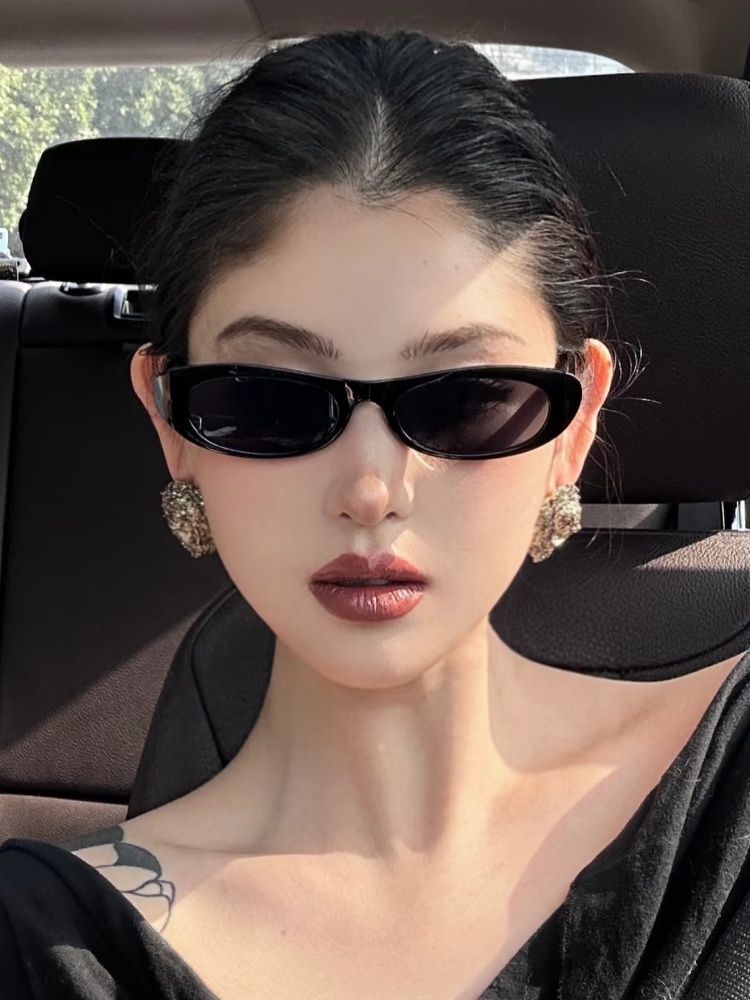 LazyZoom Western Style Cat Eye Women's Square Round Face Slimming Advanced Mesh Small Frame Oval Retro Gyaru Vacation Sunglasses_voghion.com