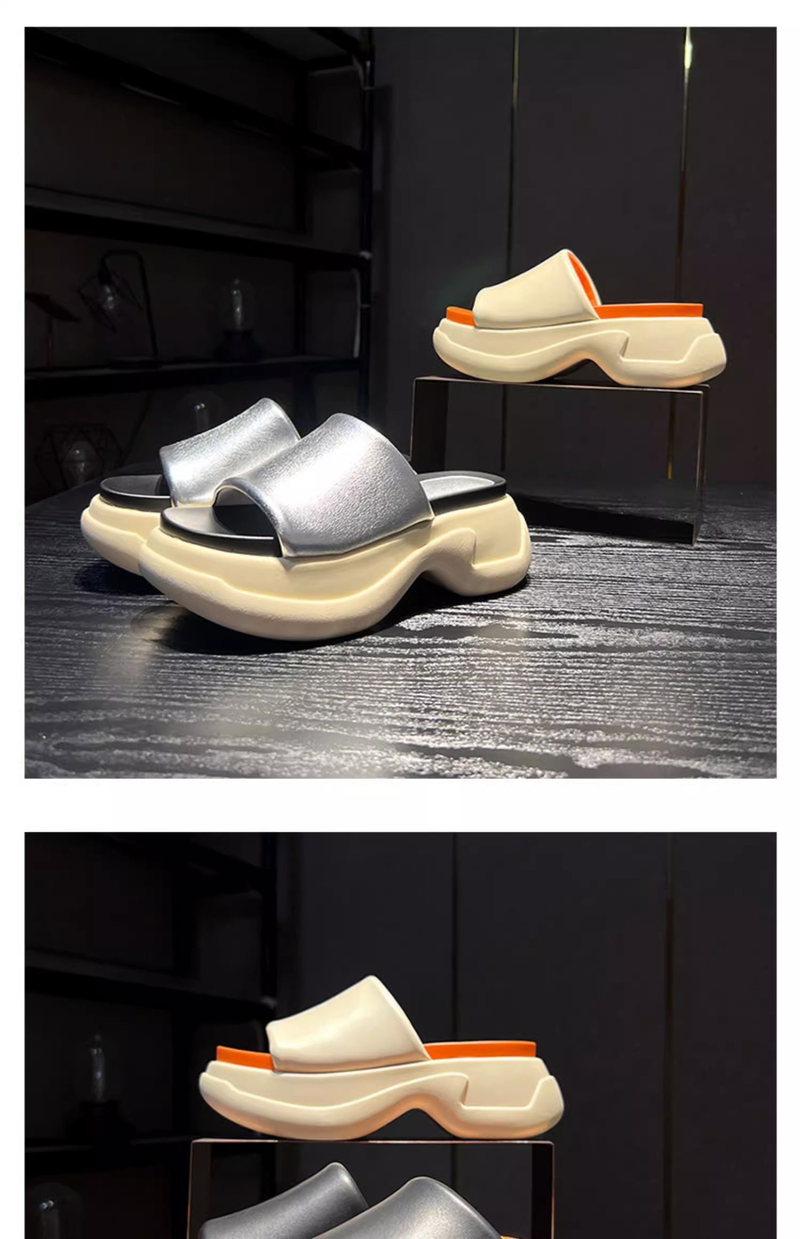 P Yaz Yeni Deri Slip On Terlik Kadın S Muffin Kalın Tabanlı Ekmek Ayakkabıları Renk Uyumlu Sandaletler ile Daha İnce ve Daha Uzun Görünüyor_voghion.com
