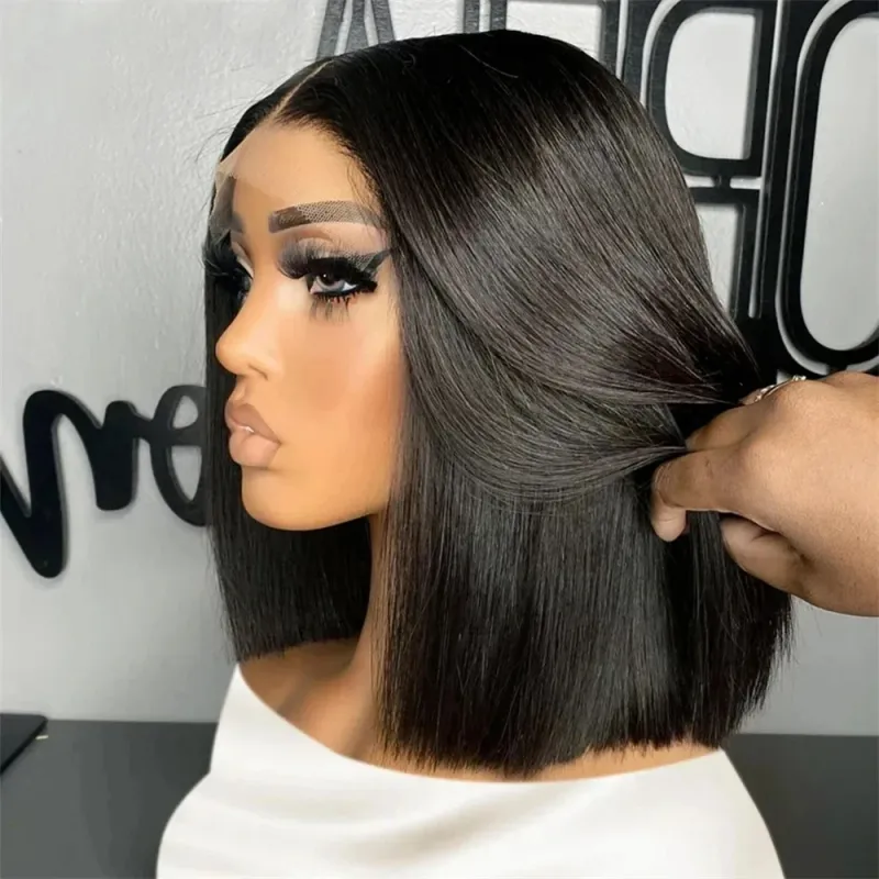 Knachräi Riicht Bob Perück Lace Front Mënschlech Hoerverschluss 4x4 Kuerz Bob Perück 13x4 HD Lace Frontal Perück 200%_voghion.com