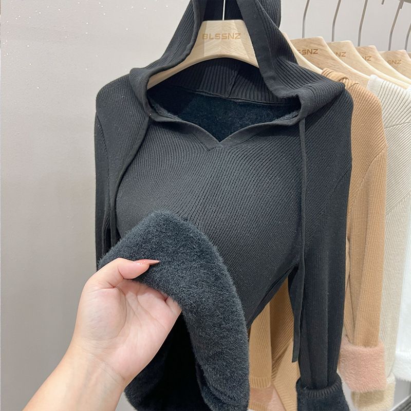 Maglione lavorato a maglia con cappuccio, in tessuto di velluto, con scollo a V, in pelliccia di visone e velluto, da donna, autunno e inverno_voghion.com