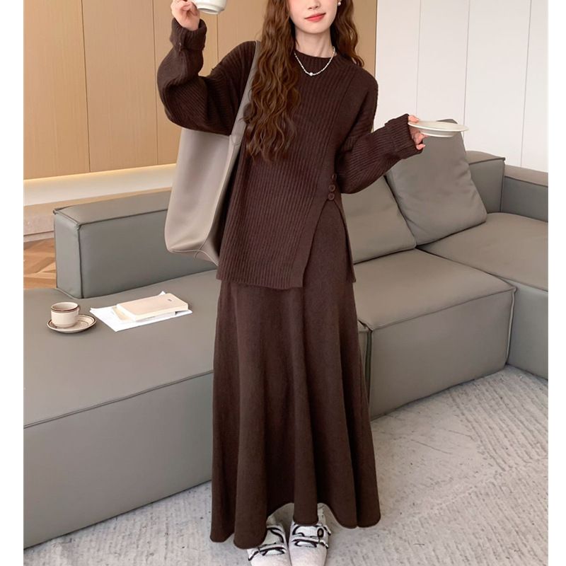 Ensemble deux pièces pour femme, style sport décontracté, automne-hiver, nouveau design élégant et tendance, pull fendu et jupe_voghion.com