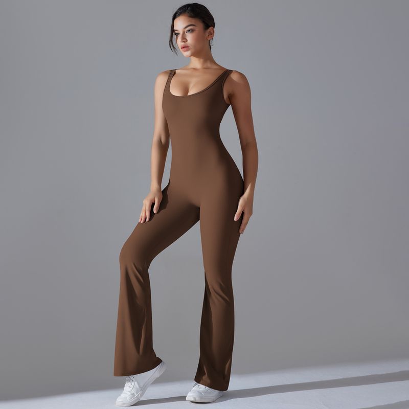 Neuer, einfarbiger, hüfthebender, langer, schmal geschnittener Jumpsuit mit weitem Bein für Sport, Laufen, Fitness und Yoga_voghion.com