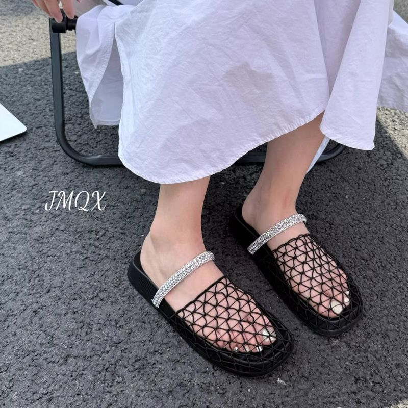 Sandales à semelles épaisses style fée pour femmes, niche extérieure 2025 été bout fermé maille strass semelle souple plage demi_voghion.com