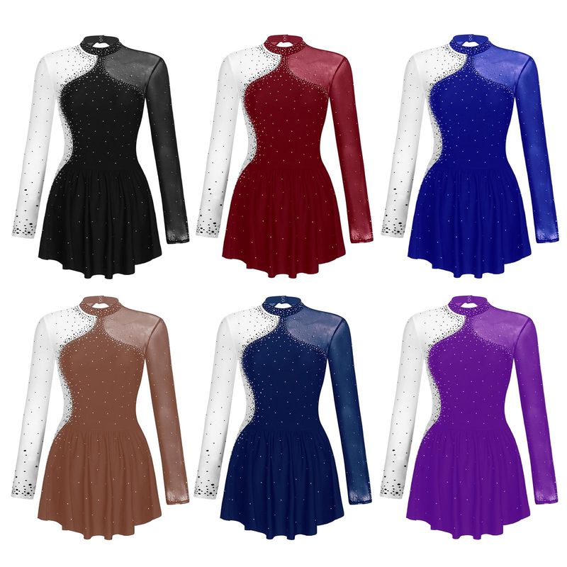 DesignerDam Konståkningsdräkt Långärmad Transparent Mesh Strass Danskläder För Balett Rytmisk Gymnastik Lyrisk Dans_voghion.com