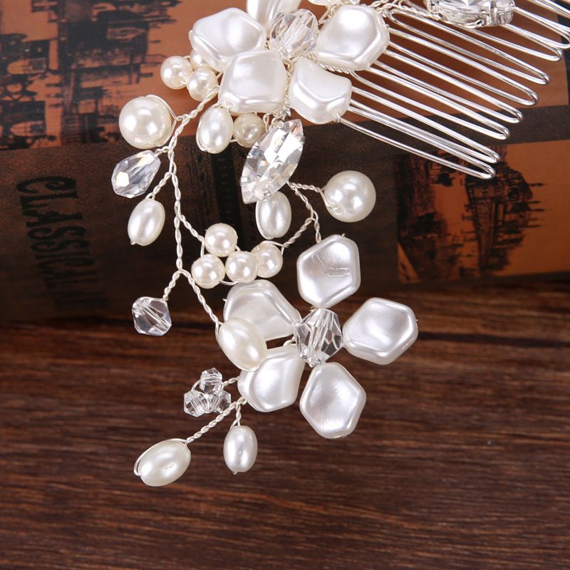 Conjunto de joias femininas da moda para noivas, pente de cabelo de pérolas feito à mão, flor branca, fio de cobre, acessórios para cabeça de noiva_voghion.com