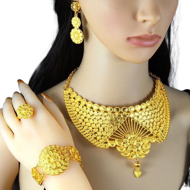 Fashionable luxury ethnic style four piece alloy decoration necklace collarbone jewelry earring set_voghion.com