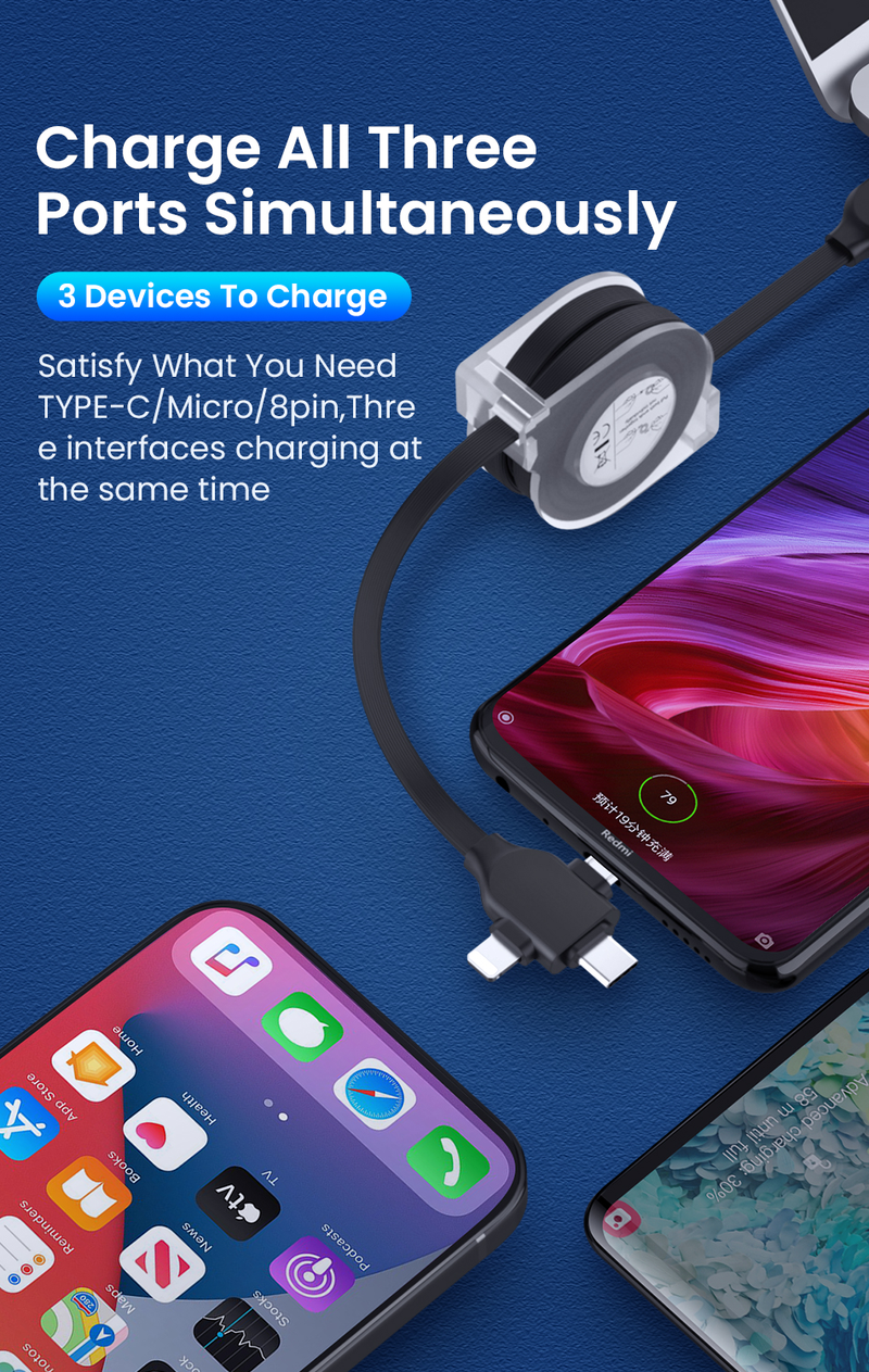 3 2M In 1 USB Charge Cable for iPhone 13 12 11 XS XR Micro USB Type C Cable Retractable Portable Mini Powerbak           2_voghion.com