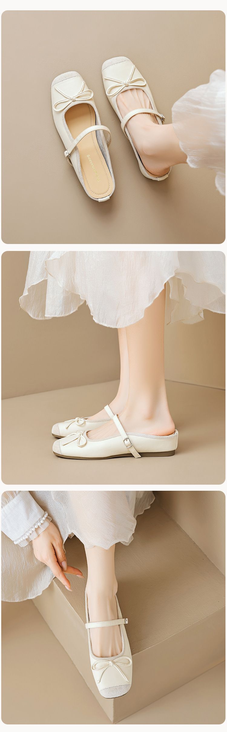 French Square Head Single Shoes Women's One-pedal Bow Thick Sole Inner Height Increase Shallow Mouth Grandma Shoes_voghion.com