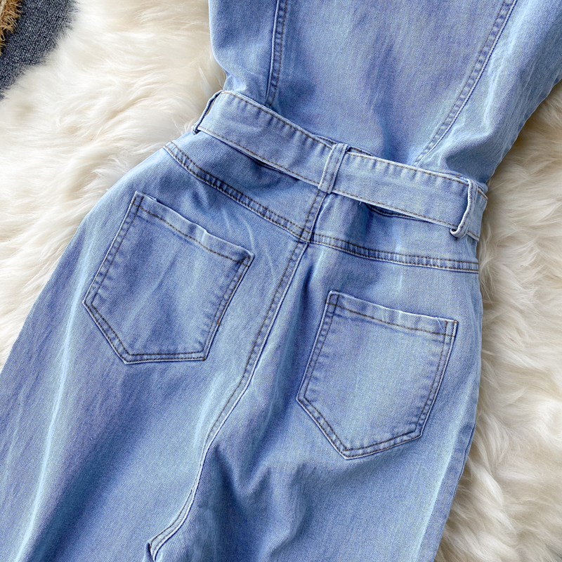 Ins Women's Retro Breasted Lace-up Waist Slimming Straight Wide-leg Pants Denim Jumpsuit For Women_voghion.com