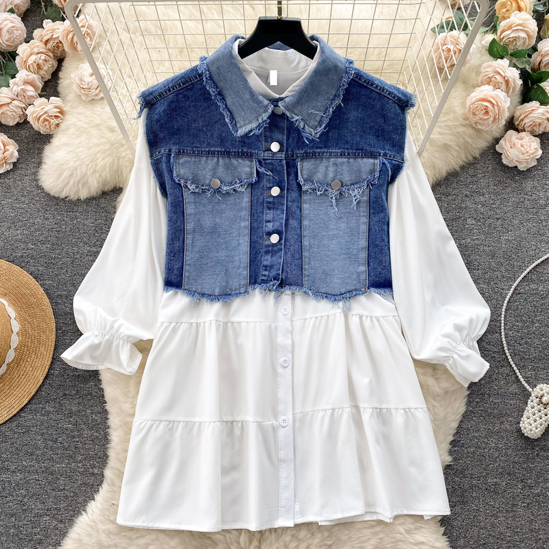 populära tvådelade kostymer, koreanska damkläder, designjacka i jeansväst, mångsidig babydollkjol, fashionabla tvådelade kostymer_voghion.com