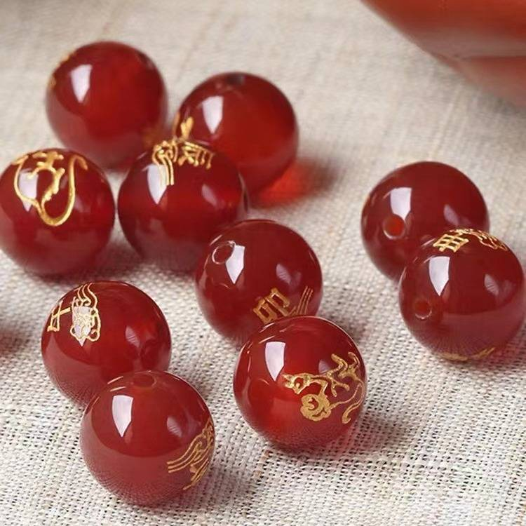 Natural red agate loose beads birth year bracelet with beads twelve Zodiac lettering gilding accessories diy bracelet_voghion.com