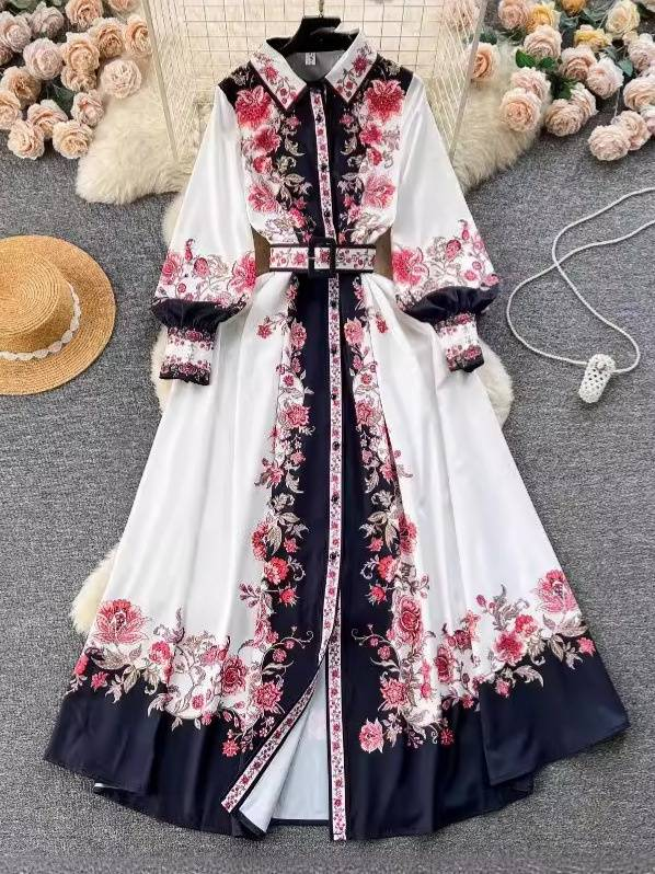 Women's Clothing color matching print slim long puff sleeve temperament dress spring dress _voghion.com