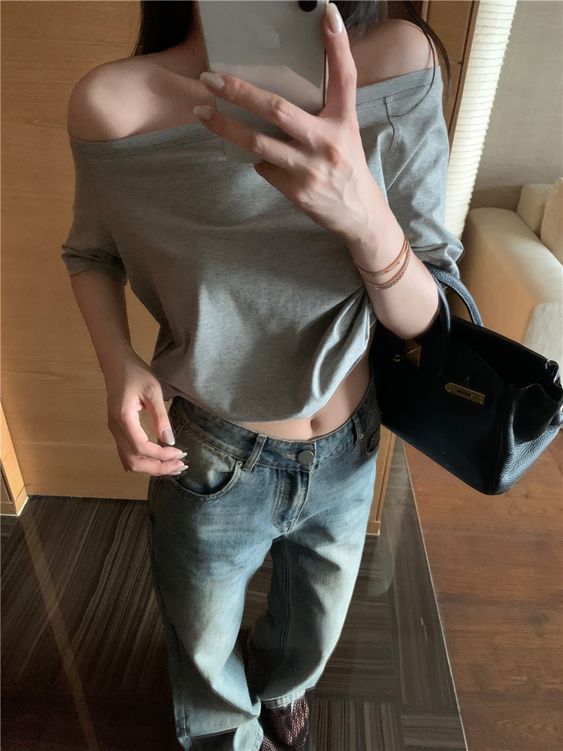 T-shirt ample à manches courtes et épaules obliques pour femme, haut décontracté, irrégulier, couleur unie, polyvalent, été 2025_voghion.com