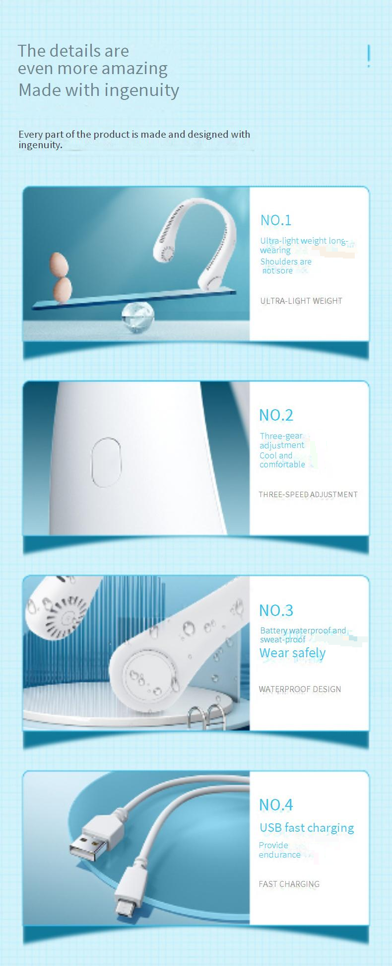 Ventilador de cuello - Ventilador portátil recargable por USB (diseño sin aspas, enfriamiento de 360°, ultrasilencioso para oficina, exteriores y viajes)_voghion.com