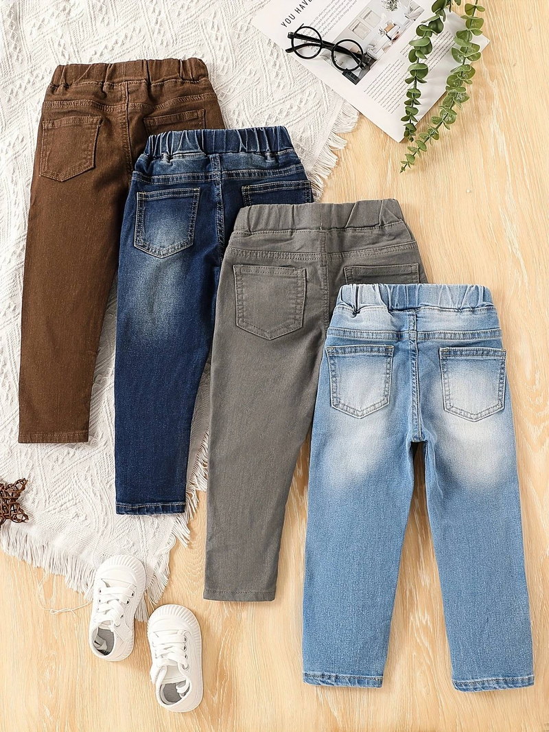 Boys 4-piece Light Blue, Medium Blue, Gray, Coffee Color Simple Casual Fashion All-match College Style Elastic Waist Elastic Fabric Fitted Washed Denim Trousers Suit_voghion.com