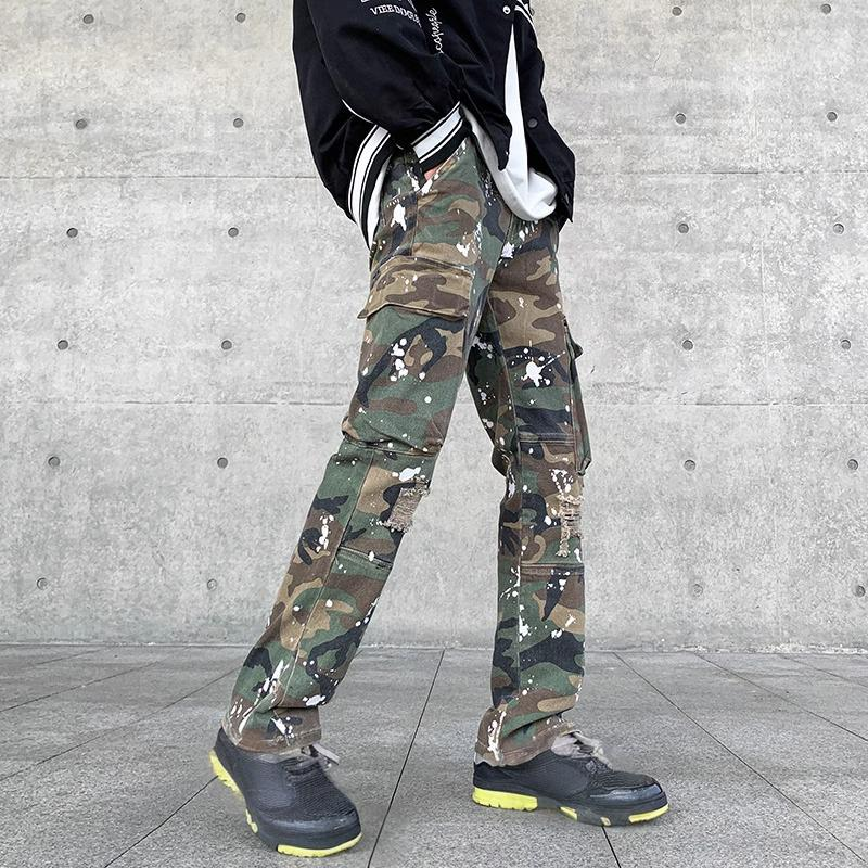 Herrenbekleidung High Street Ink Splash Camouflage Overalls mit mehreren Taschen Lockere gerade Beinpartie Weites Bein Zerrissene trendige Hip Hop Jeans_voghion.com