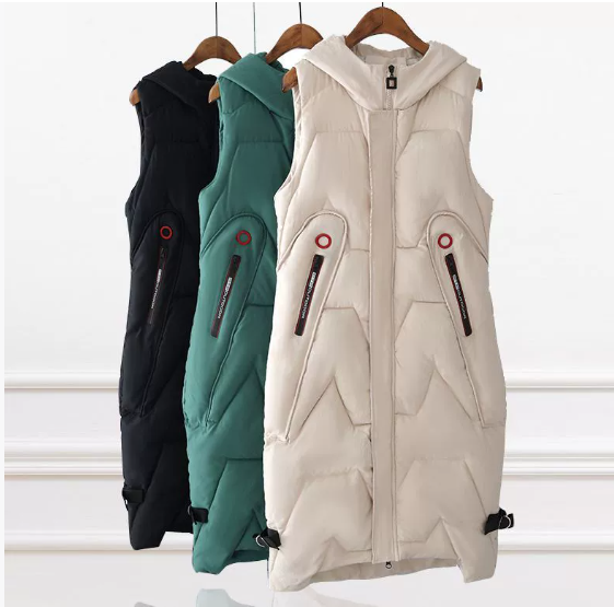 Gilet matelassé à capuche pour femme, longueur genou – Léger, chaud et élégant (noir, vert, beige)_voghion.com