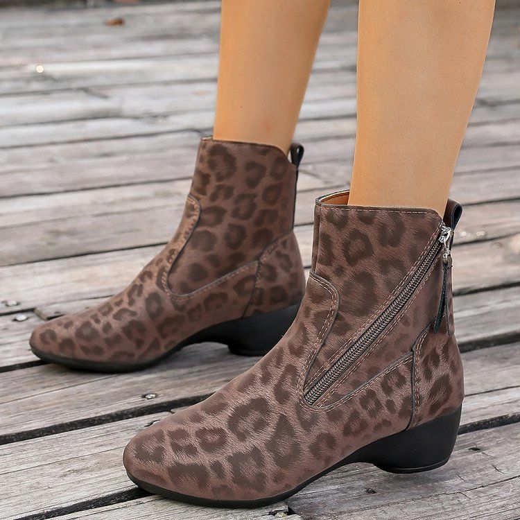 Women's Leopard Print Ankle Boots With Side Zipper Design And Thick-heeled Anti-slip Soles. Fashionable And Versatile Styles_voghion.com