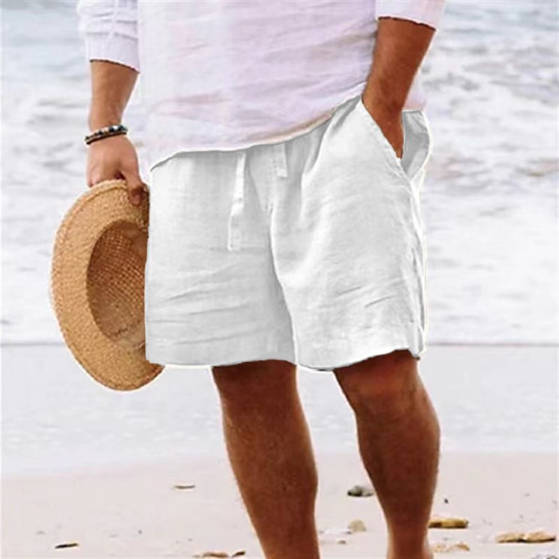 Pantaloncini da uomo, cotone e lino, coulisse estiva, vita elastica, gambe dritte, tinta unita, comodi, traspiranti,_voghion.com