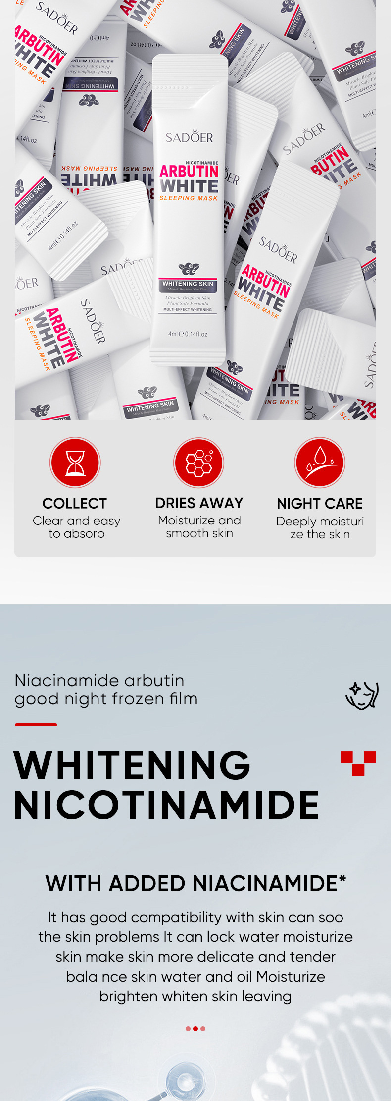 SADOER Niacinamide Arbutin Good Night Frozen Film Naked Proefpakket 1 4 ml Verstevigend Verhelderend Hydraterend Leave-in_voghion.com