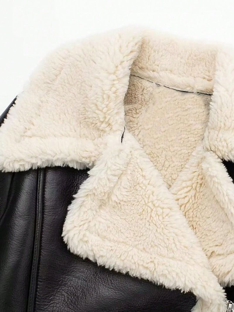 Vintage Wollmischung Jacke für Damen - Retro Oversized Reversmantel mit Kunstfellfutter, Streetwear Fashion, Schwarz_voghion.com